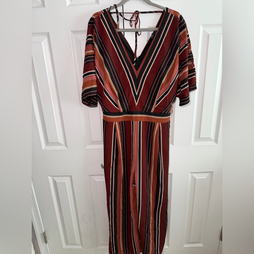 City Chic Striped V-Neck Jumpsuit in Burgundy, Rust, Black and Cream